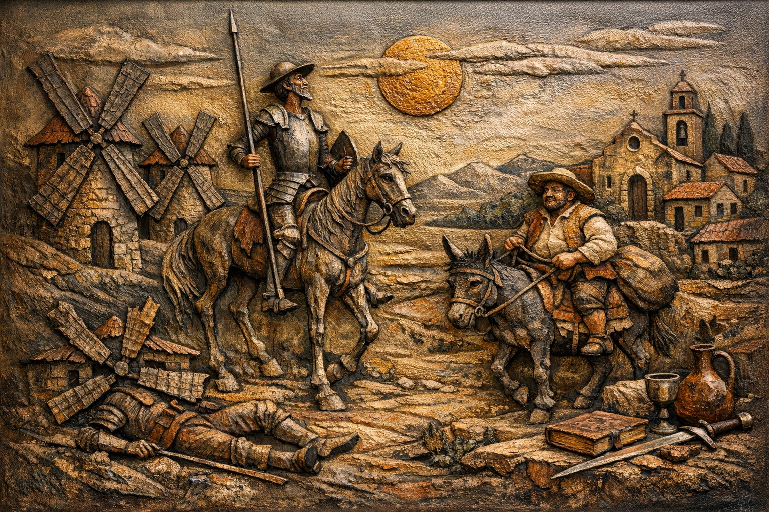 J. Segura fiberglass relief showing a detailed Don Quixote themed scene