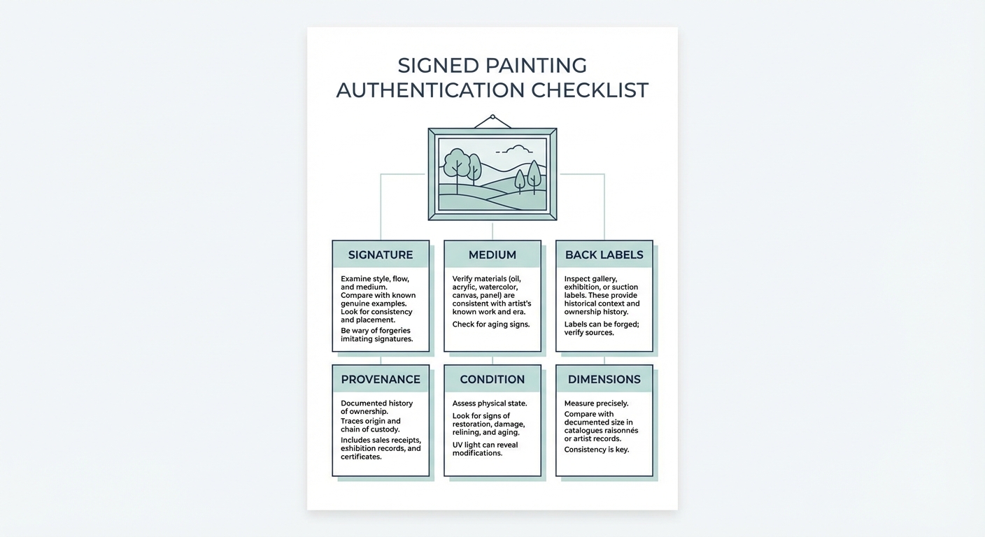 Infographic titled 'Signed Painting Authentication Checklist' with signature, medium, back labels, provenance, condition, and dimensions