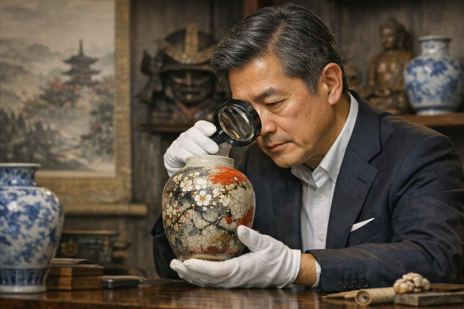 Professional appraiser examining a Japanese ceramic piece with magnifying glass