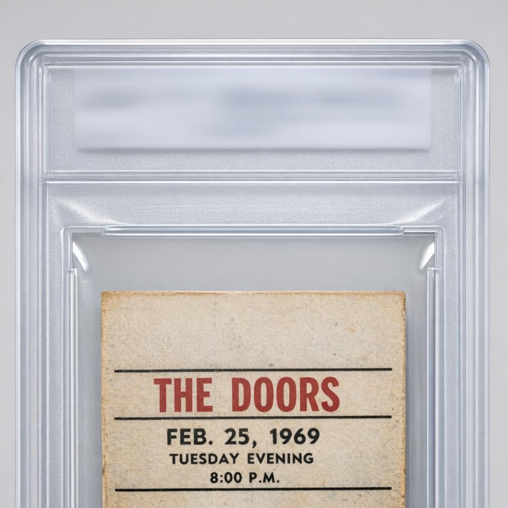 Encapsulated collectible in a clear plastic holder with a blurred label
