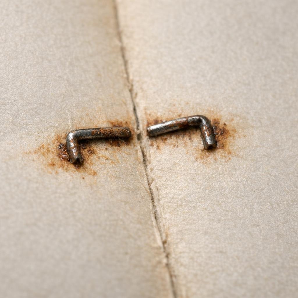 Comic staples with light rust and surrounding paper staining