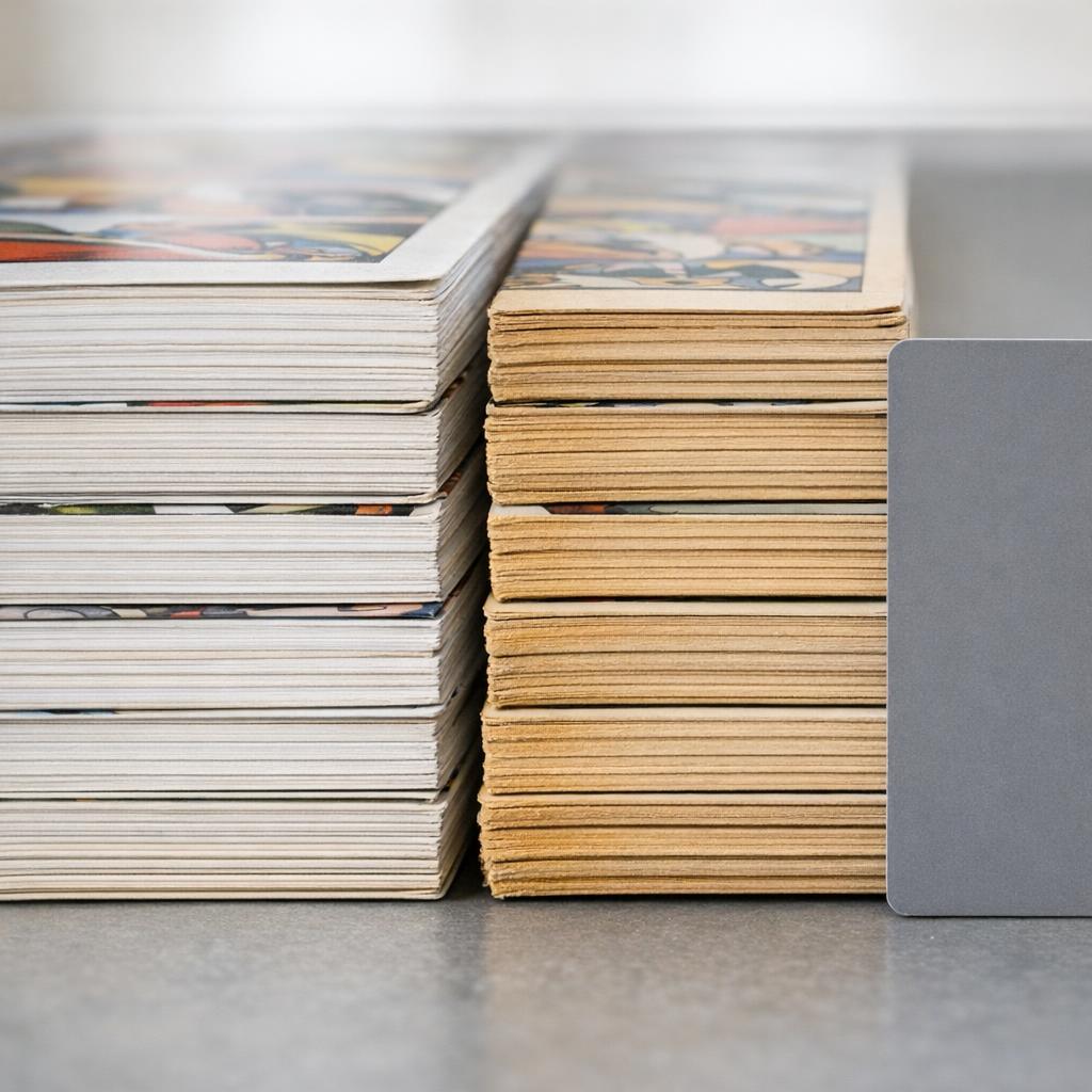 Comic book page edges showing off-white versus tan page quality