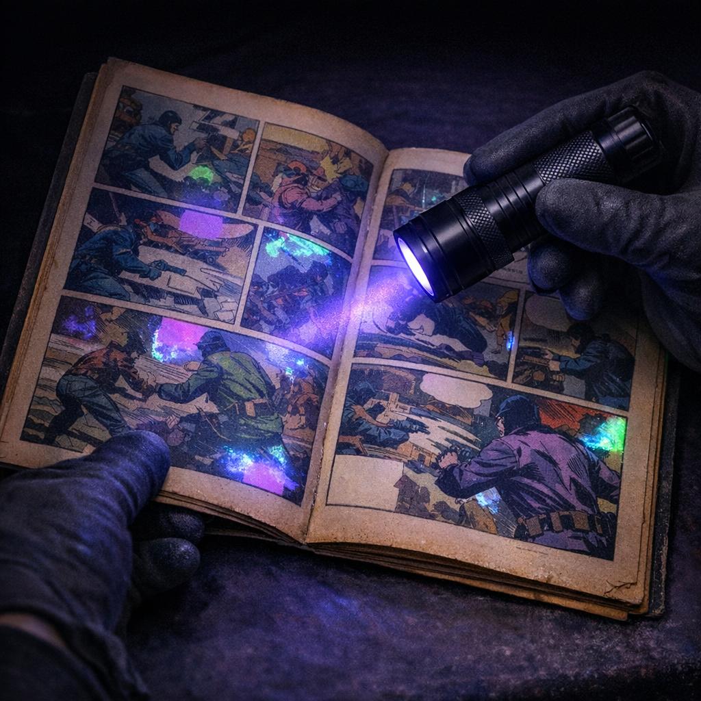 UV flashlight inspection of a comic cover to check for restoration