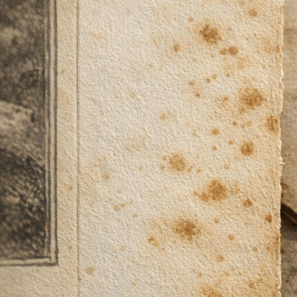 Paper foxing and age spots on a print margin