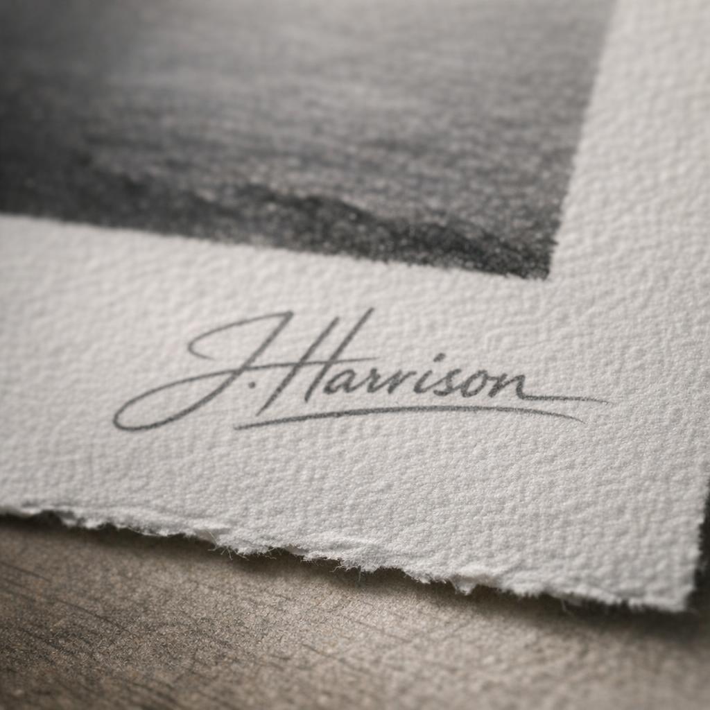 Macro detail of a pencil signature on a fine art print margin