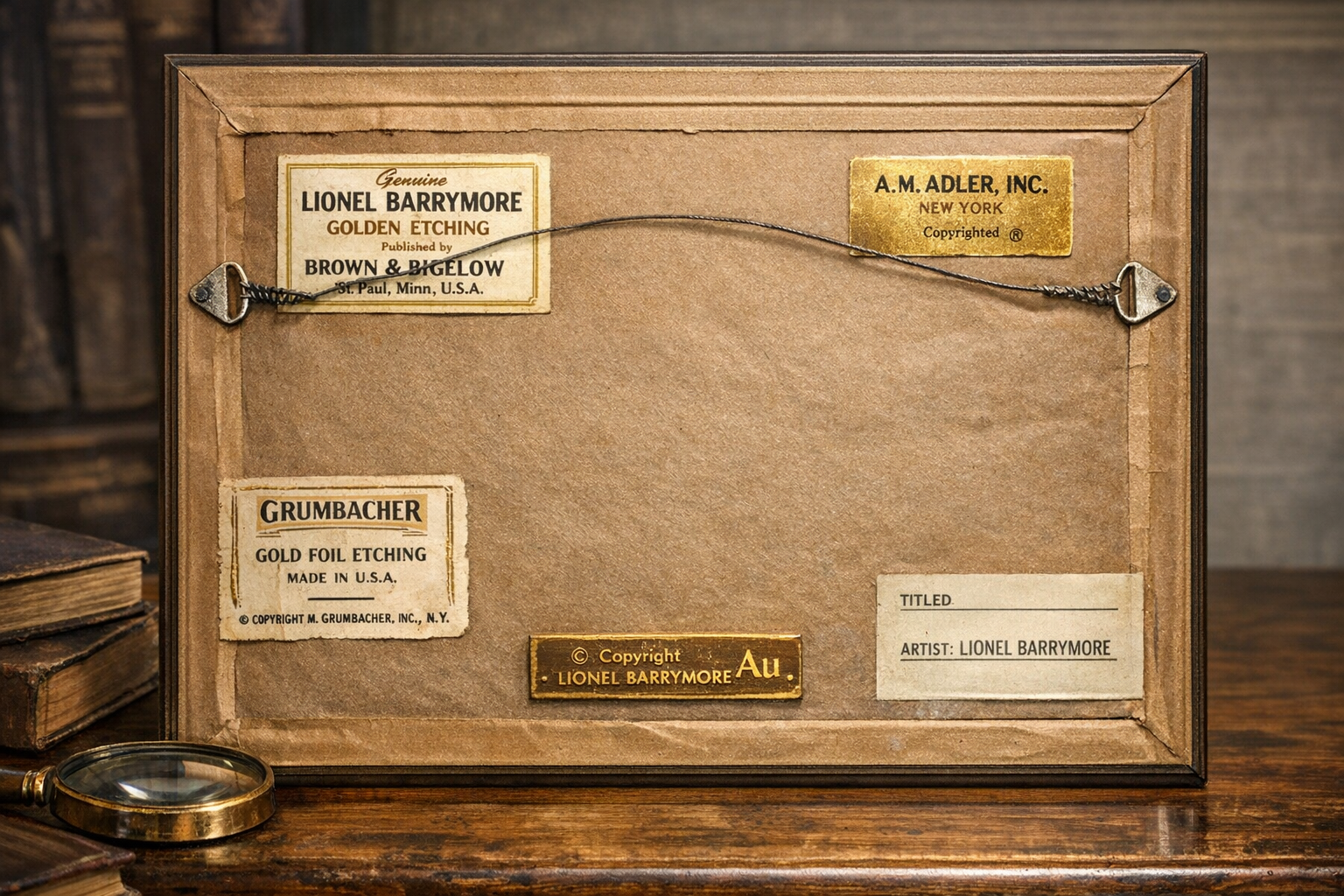 Back of a framed Lionel Barrymore gold foil print showing original publisher labels and markings