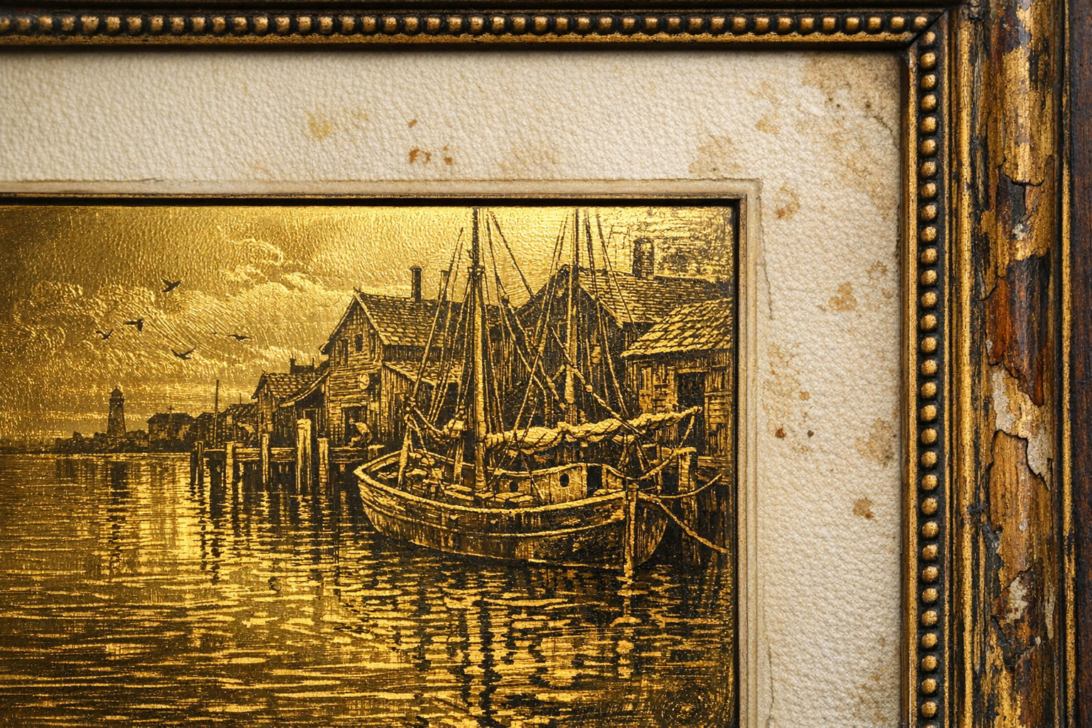 Close-up of a Lionel Barrymore gold foil etching showing detail and frame condition