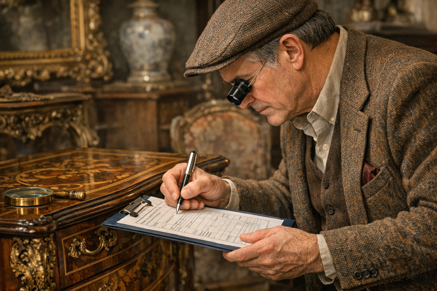 Antique appraiser documenting furniture details on a formal appraisal document