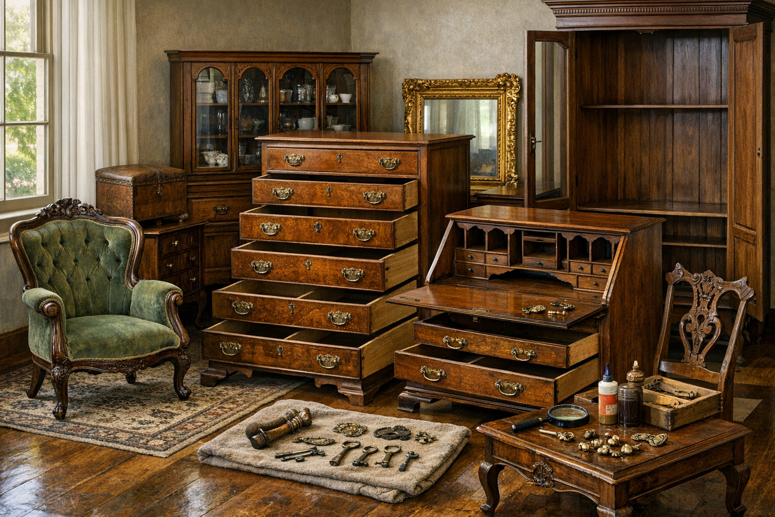 Collection of antique furniture pieces prepared for professional appraisal