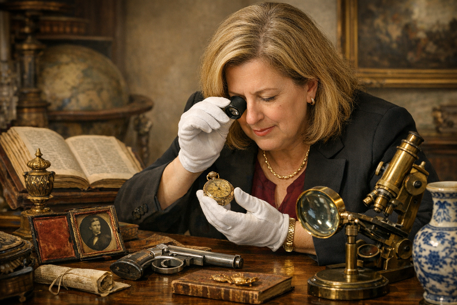 Dr. Lori carefully examining historical items with professional tools