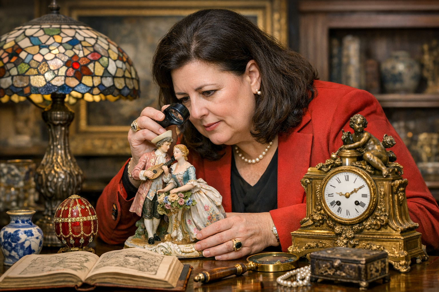 Dr. Lori examining antique items with careful attention to detail