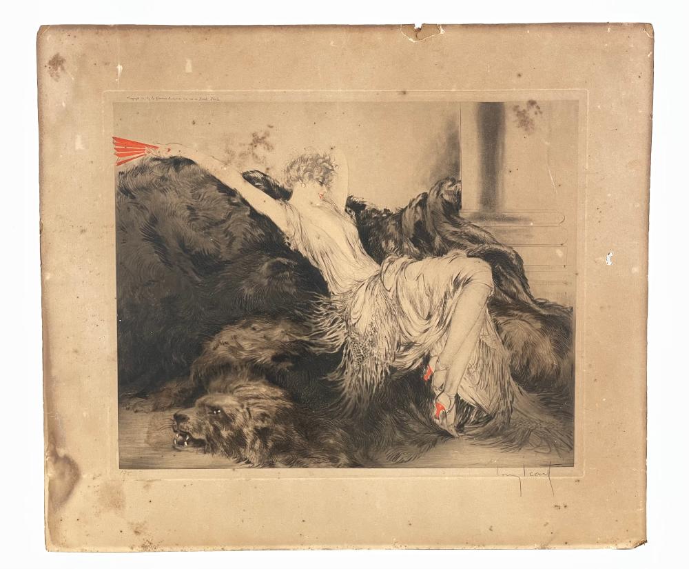 Louis Icart Paresse hand-colored etching auction comparable