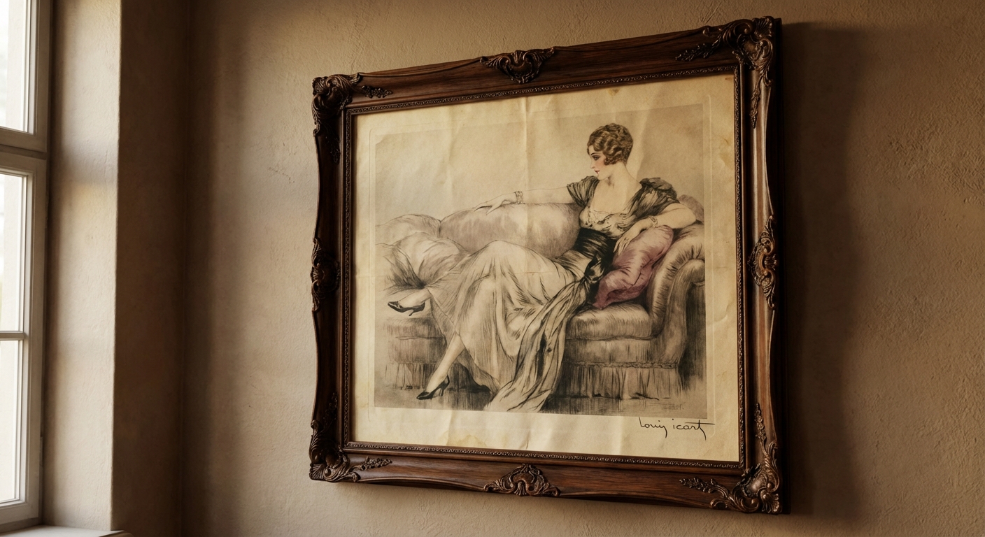 Framed Art Deco style print used to illustrate Louis Icart Le Sofa appraisal checks