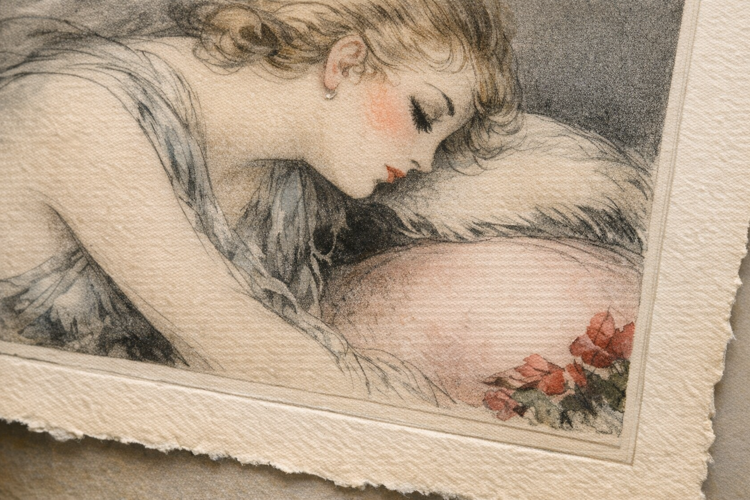 Detailed view of Louis Icart etching showing the fine aquatint technique and hand-coloring