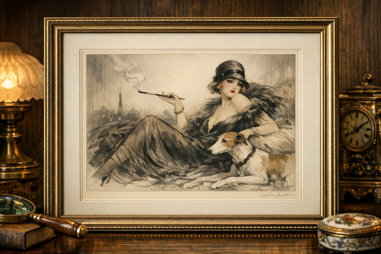 Louis Icart print showing distinctive Art Deco styling and fashion elements
