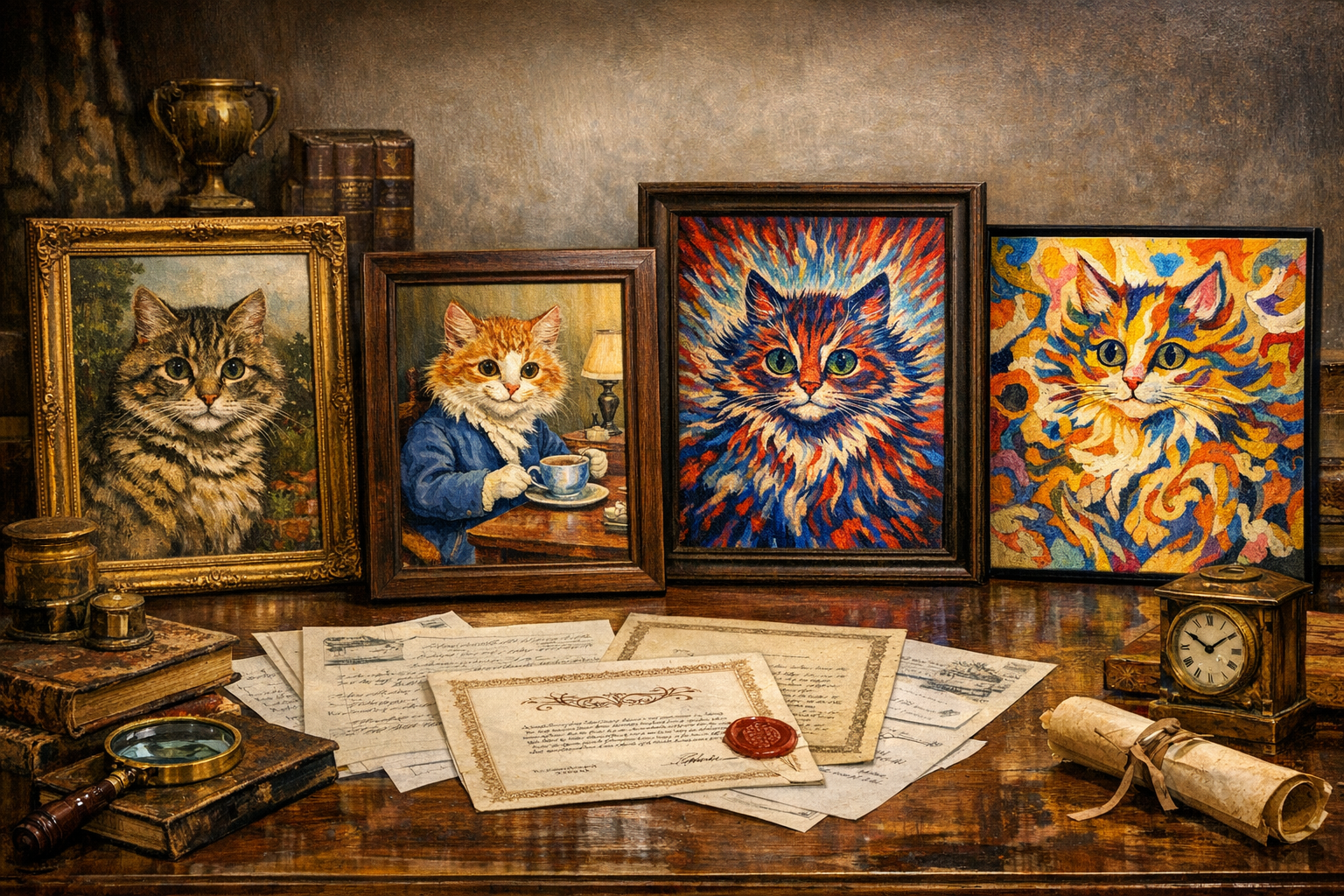 Louis Wain artwork showing the progression from realistic to abstract cat illustrations