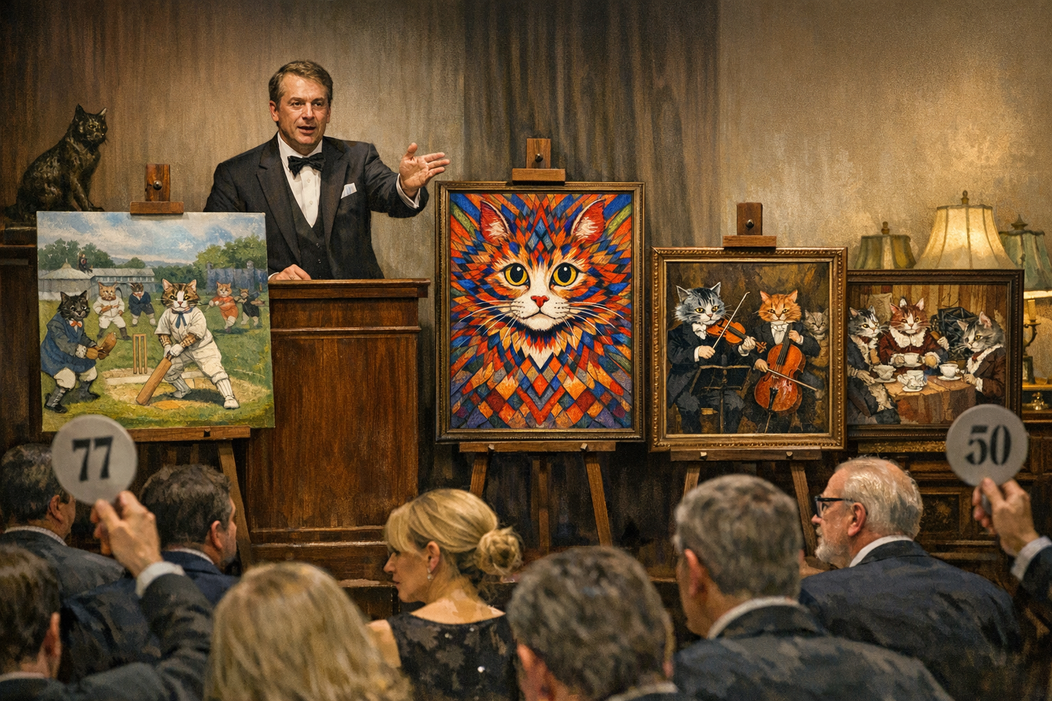 Louis Wain cat artwork displayed at an auction with bidders in attendance
