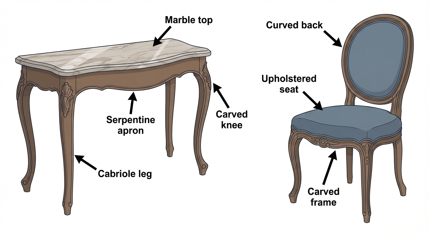 Infographic labeling Louis XV style furniture features such as cabriole legs, serpentine apron, carving, upholstery, and marble top