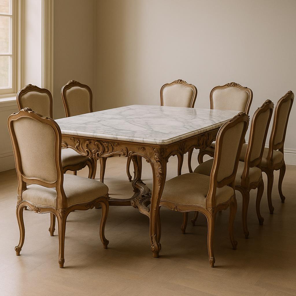 Antique marble-top table with side chairs arranged for appraisal review of style, construction, condition, and value