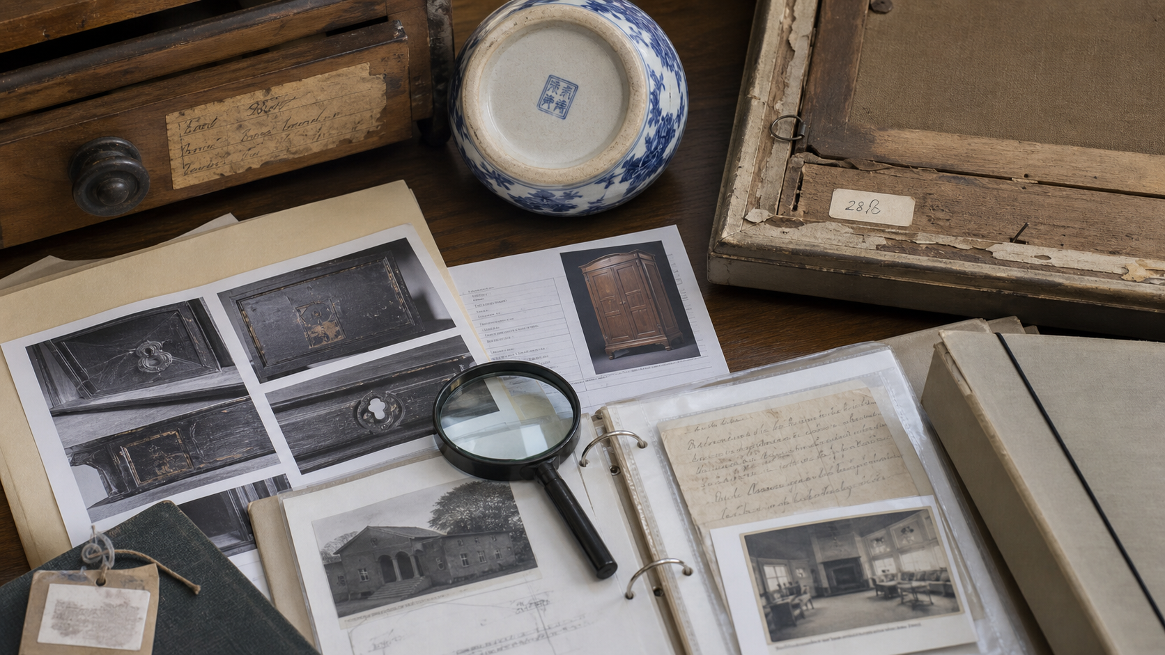 Antique labels, ceramic base marks, artwork inventory sticker, provenance papers, condition photographs, and loupe on an appraisal desk