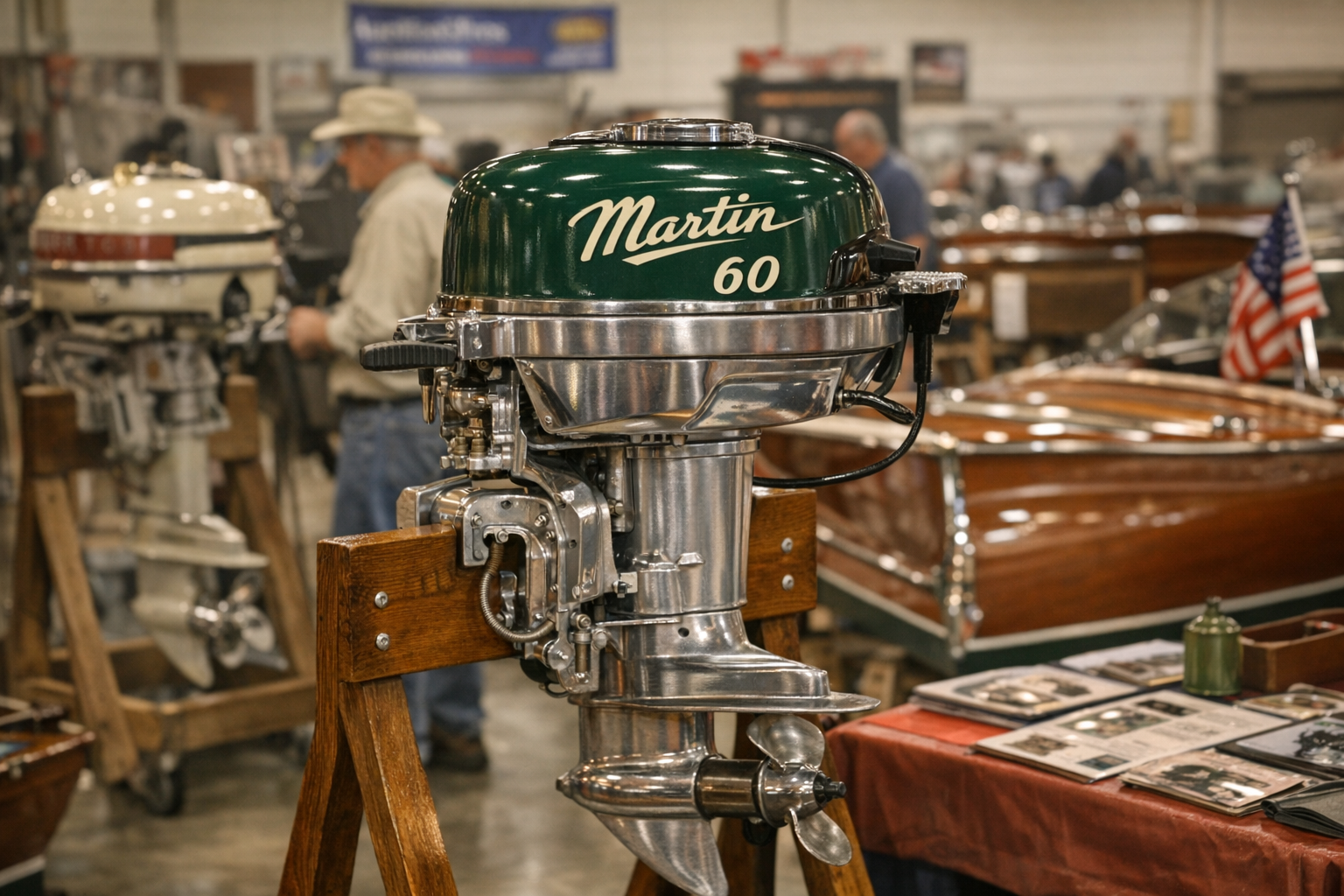 A Martin 60 outboard motor at a vintage boat show or auction display