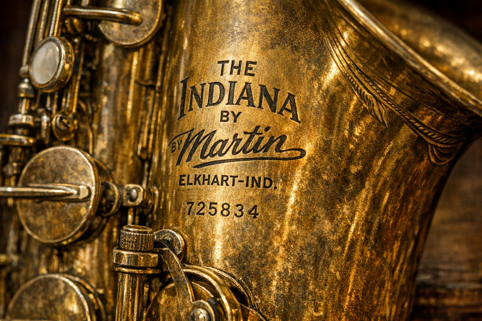 Close-up of Martin saxophone serial number and model details