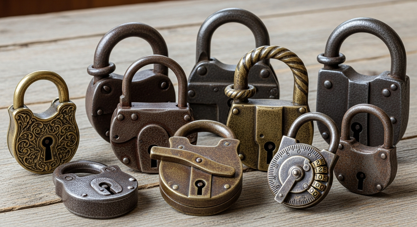 Antique padlocks with iron and brass bodies, old keys, maker marks, and varied locking mechanisms