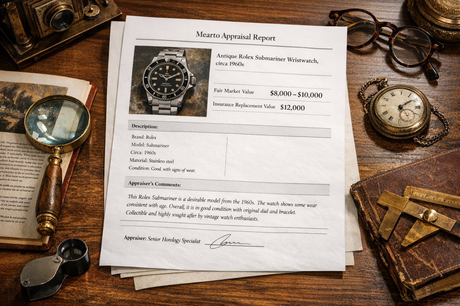 A sample Mearto appraisal report showing the valuation details and expert comments