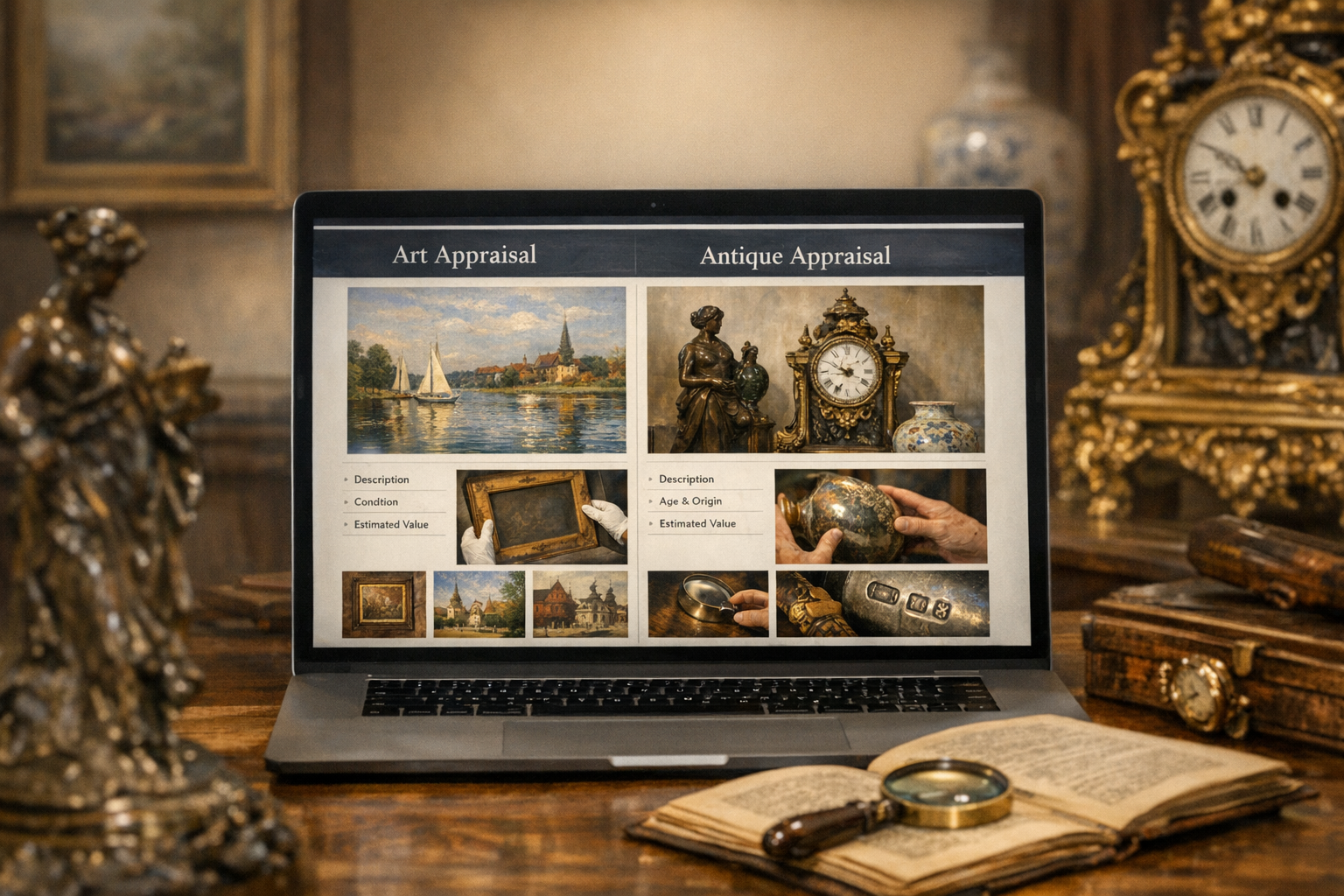 Generated image of an online appraisal platform interface for comparing service scope, pricing, and report details