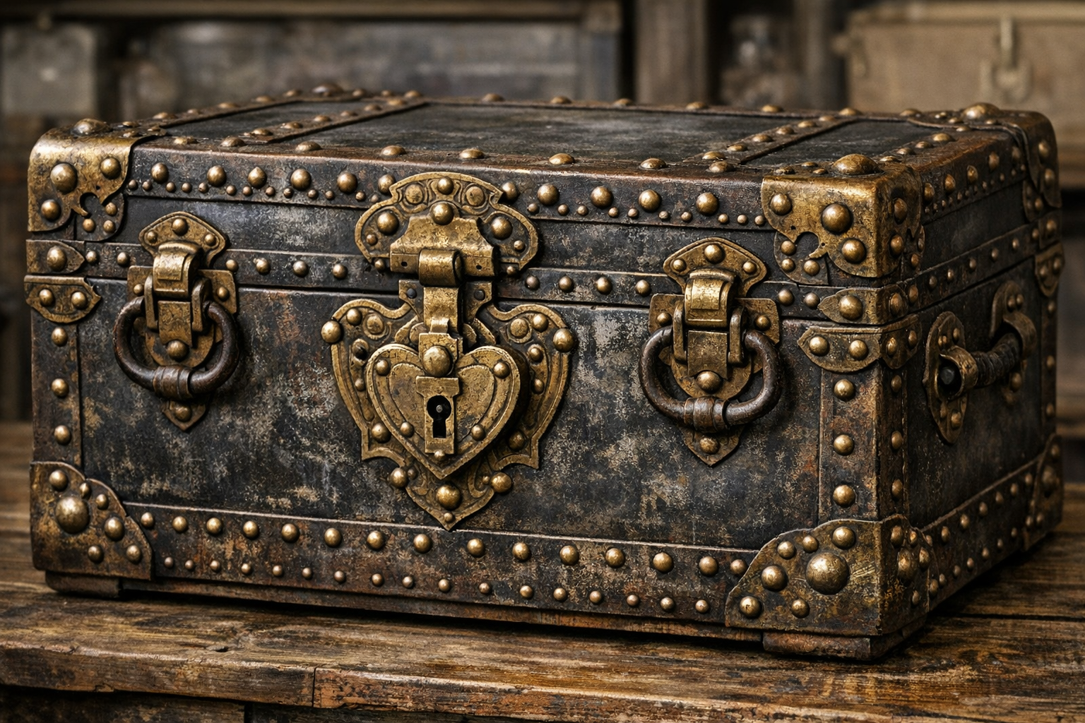 Metal antique trunk identification reference with hardware, lock, hinges, lining, maker marks, rust, repairs, dimensions, and provenance
