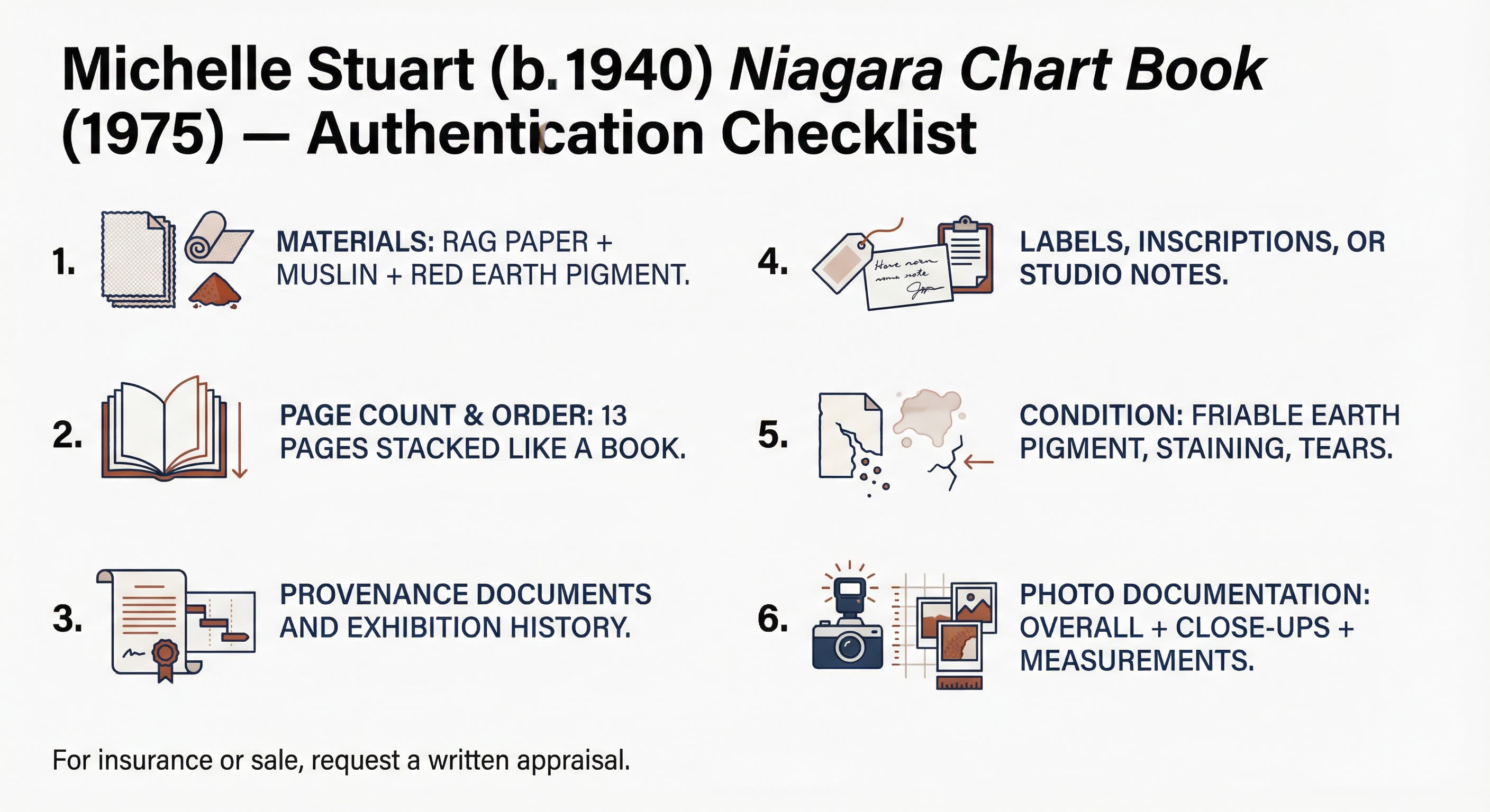 Infographic checklist for authenticating Michelle Stuart Niagara Chart Book pages