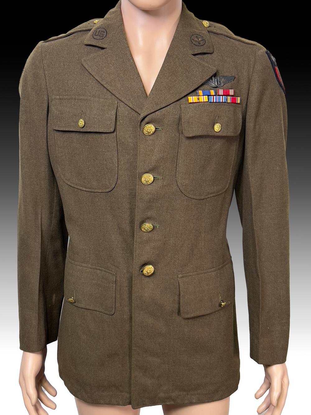 Auction comp thumbnail for WWII 1942 USAAF "Mustang" Officer Tunic - 14th Air Force FLYING TIGERS & CBI Theater Patches - Aircrew Wings & Medal Ribbons - Named Potential (Ace Of Estates, Lot 622356)