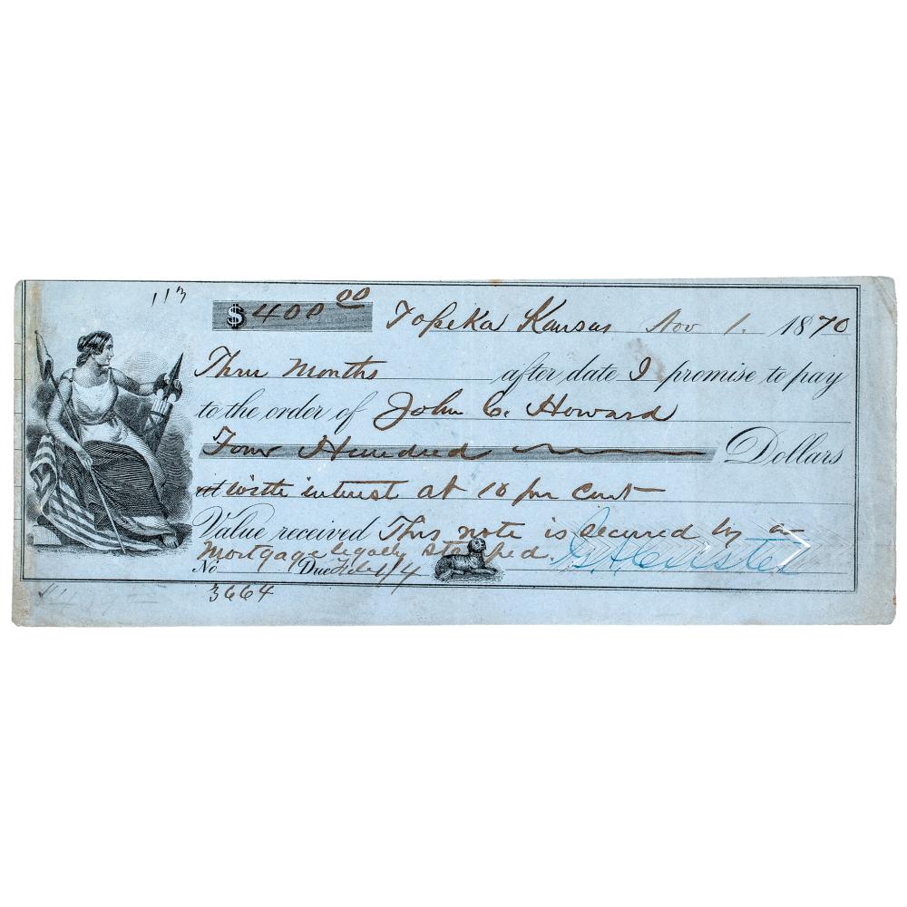 Auction comp thumbnail for 1870 GEORGE ARMSTRONG CUSTER Signed KS Promissory Note Rarity, Only Two Known ! (Early American History Auctions, Lot 13)