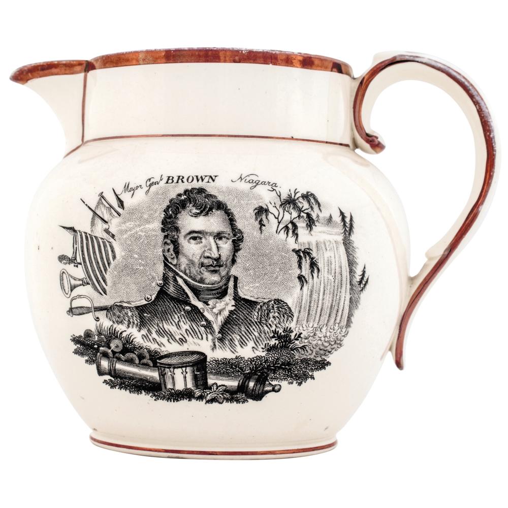 Auction comp thumbnail for c. 1816 War of 1812 Era, Patriotic Lusterware Pitcher with Transfer of American Major General Jacob Jennings Brown, Niagara Falls, and Commander Stephen Decatur, English export to America, Extremely Fine (Early American History Auctions, Lot 136)