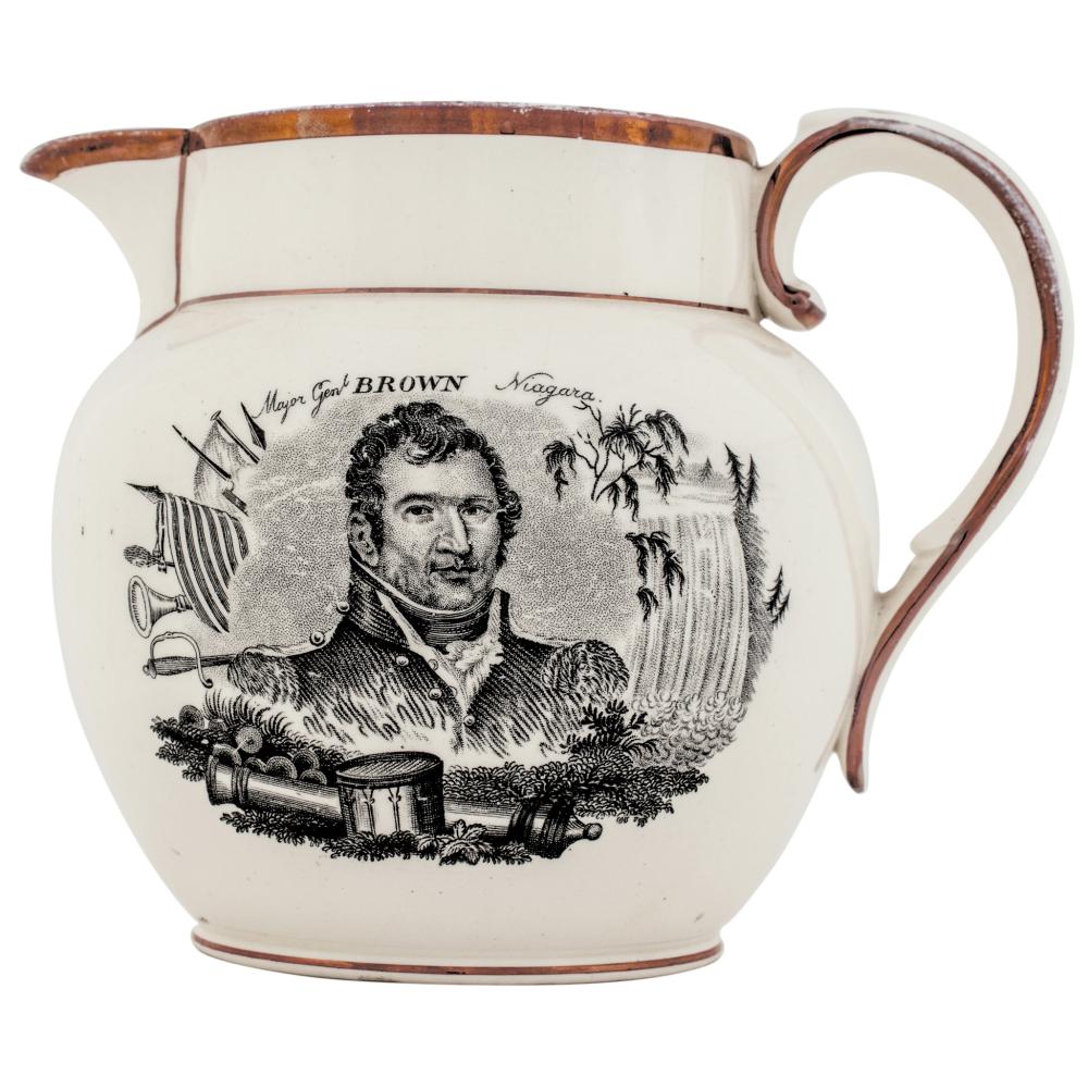 Auction comp thumbnail for c. 1816 War of 1812 Era, Patriotic Lusterware Pitcher with Transfer of American Major General Jacob Jennings Brown, Niagara Falls, and Commander Stephen Decatur, English export to America, Extremely Fine (Early American History Auctions, Lot 158)