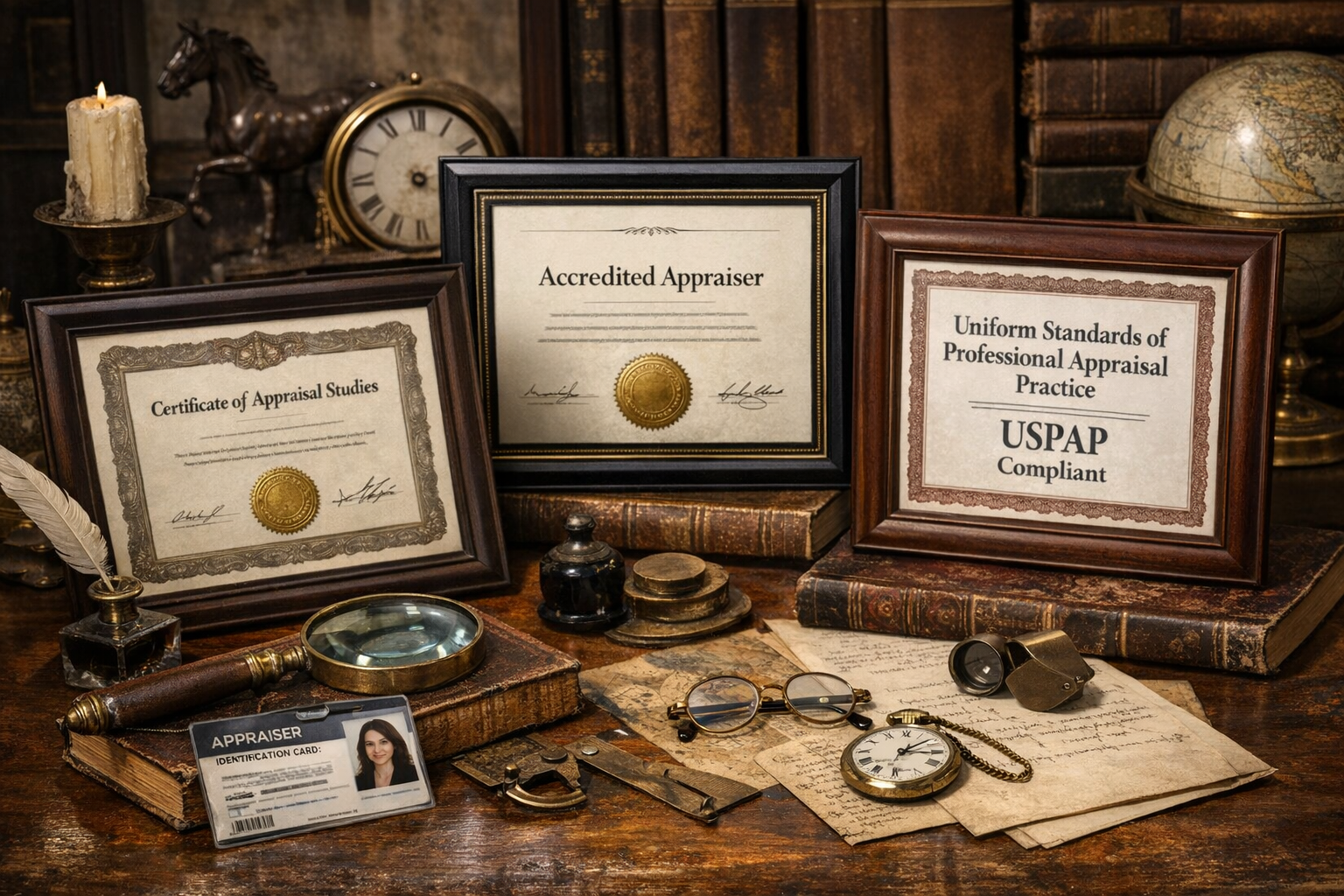 Certification documents and professional credentials for antique appraisals