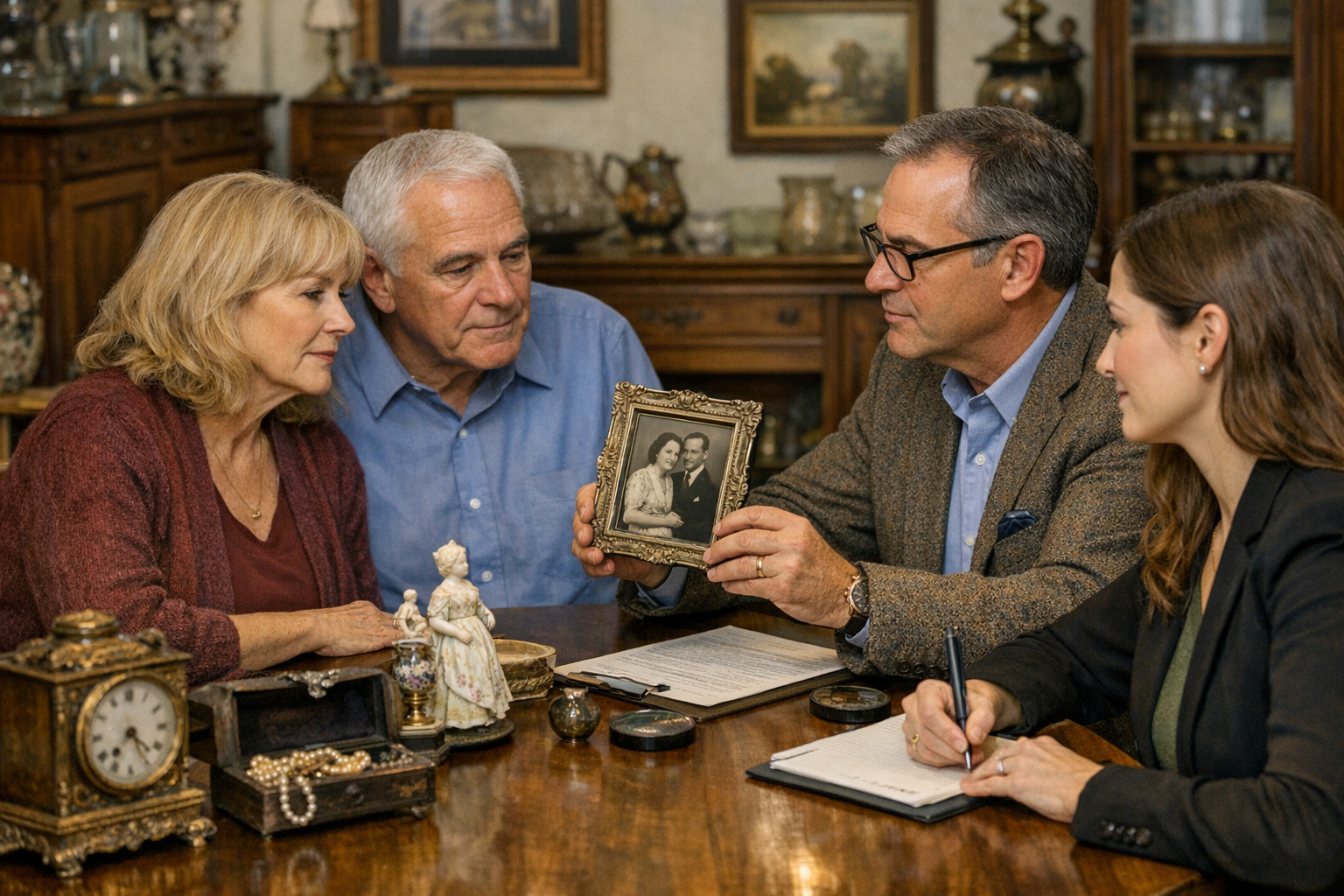 Client consultation with Molchany appraisal experts discussing antique items