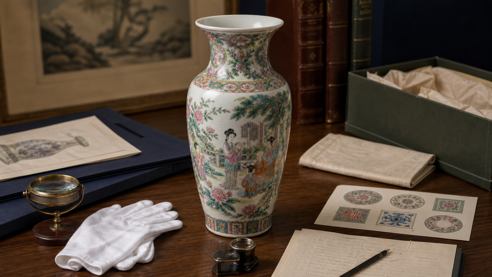 Vase appraisal reference image for documenting form, decoration, rim, base, marks, and condition