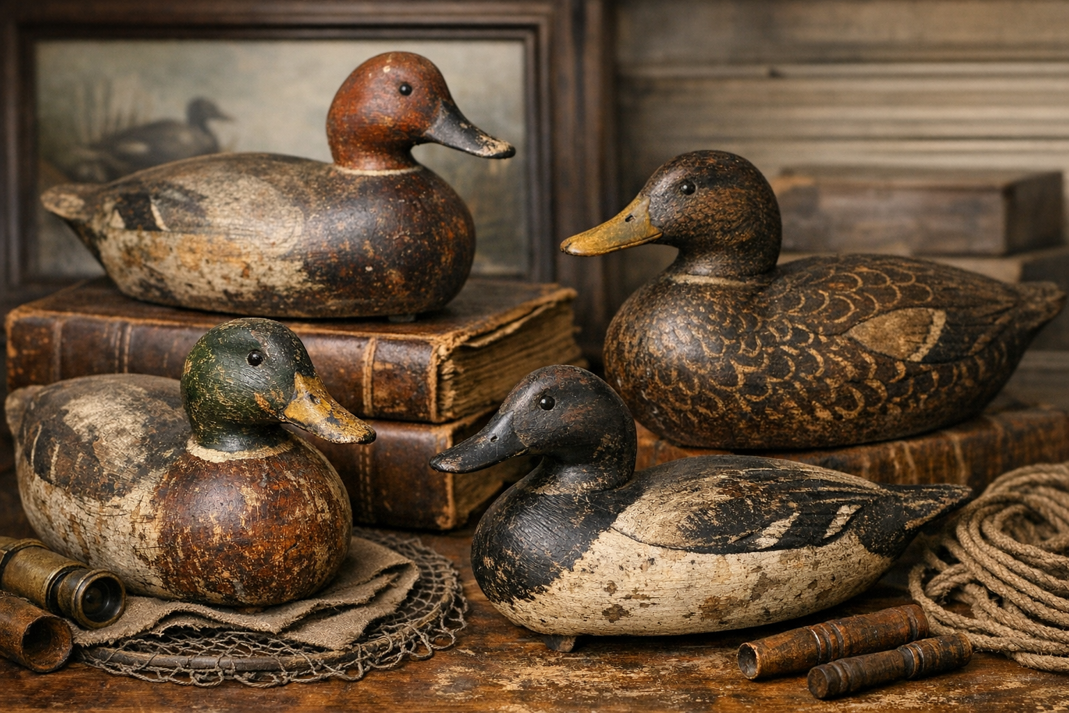 Antique duck decoy identification reference with carver clues, species, paint surface, eyes, ballast, rigging, repairs, condition, and provenance