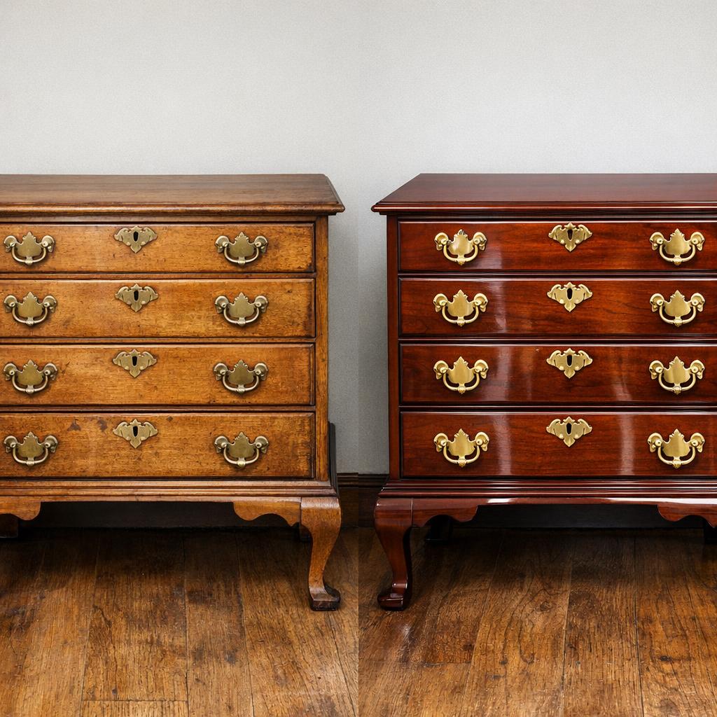 Comparación entre cómoda colonial bien conservada con pátina original y otra con restauración excesiva que pierde valor