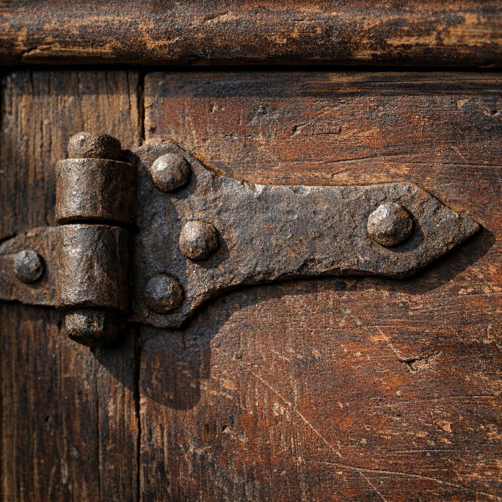 Bisagra de hierro forjado a mano con marcas de martillo y pátina de óxido natural en mueble colonial
