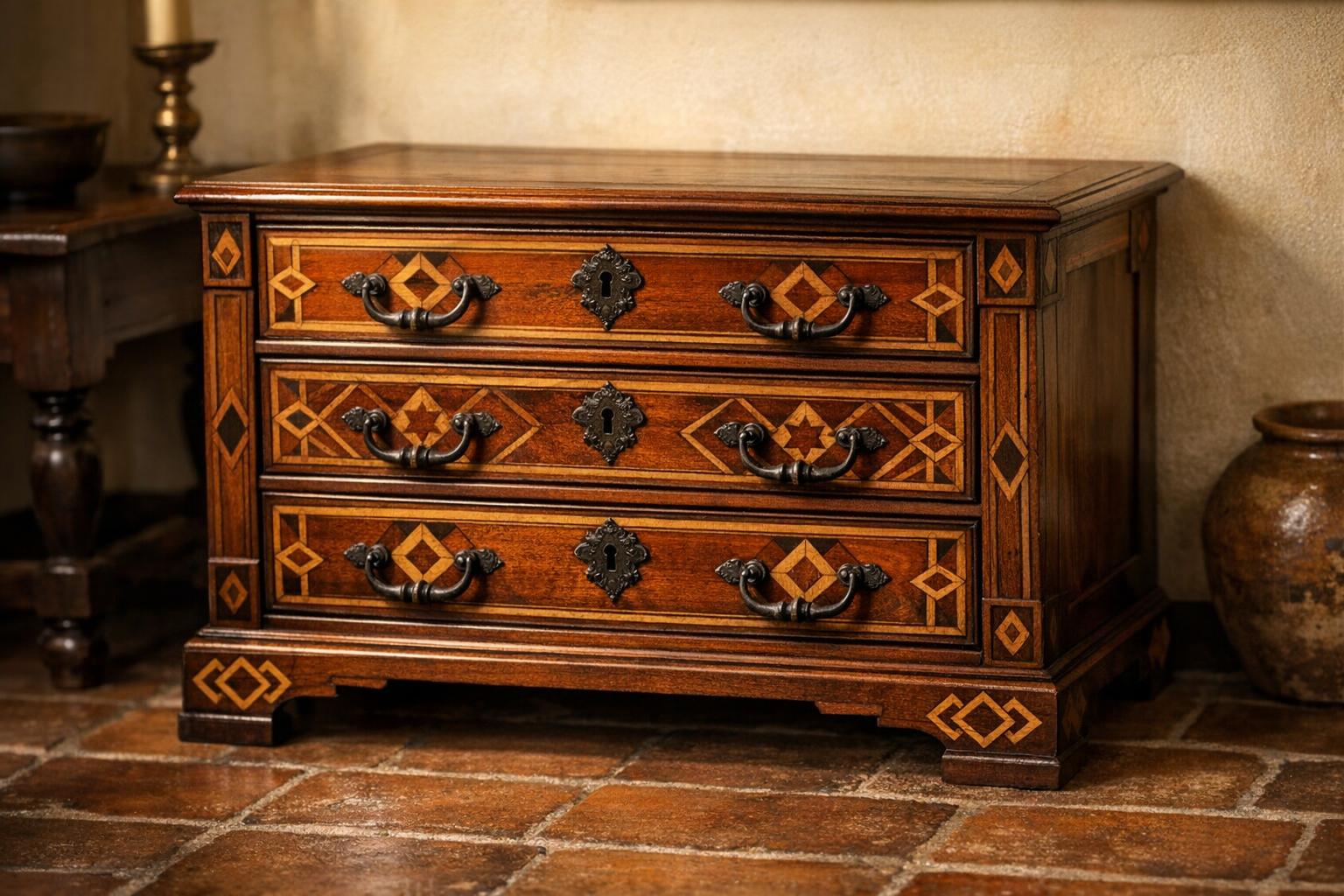 Muebles Antiguos Venezolanos Valor Guia De Identificacion Y Precio example: Cómoda colonial venezolana en cedro con taracea geométrica, siglo XVIII, iluminación natural cálida