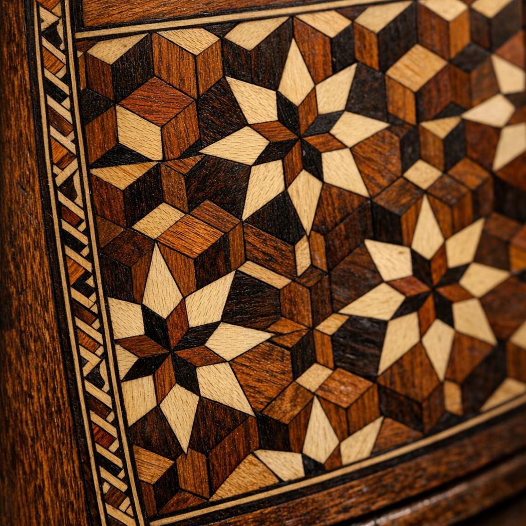 Detalle de taracea geométrica con maderas tropicales contrastantes en mueble colonial venezolano