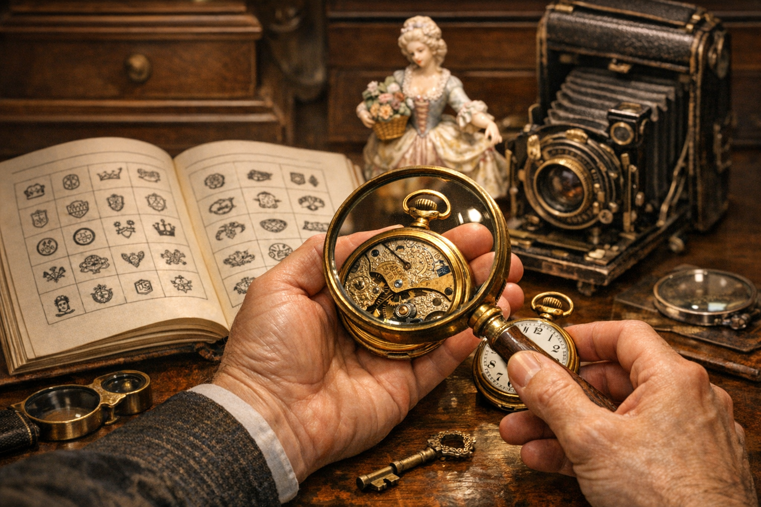 Antique identification reference with object type, maker marks, materials, construction, dimensions, condition, provenance, and photos