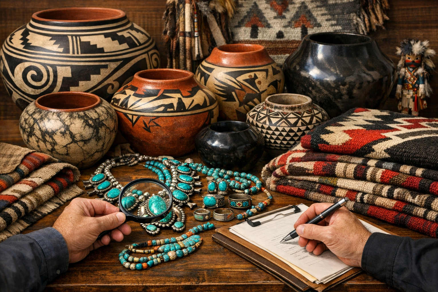 Native American art appraisal reference with artist or tribal attribution, materials, condition, provenance, legal context, and market evidence