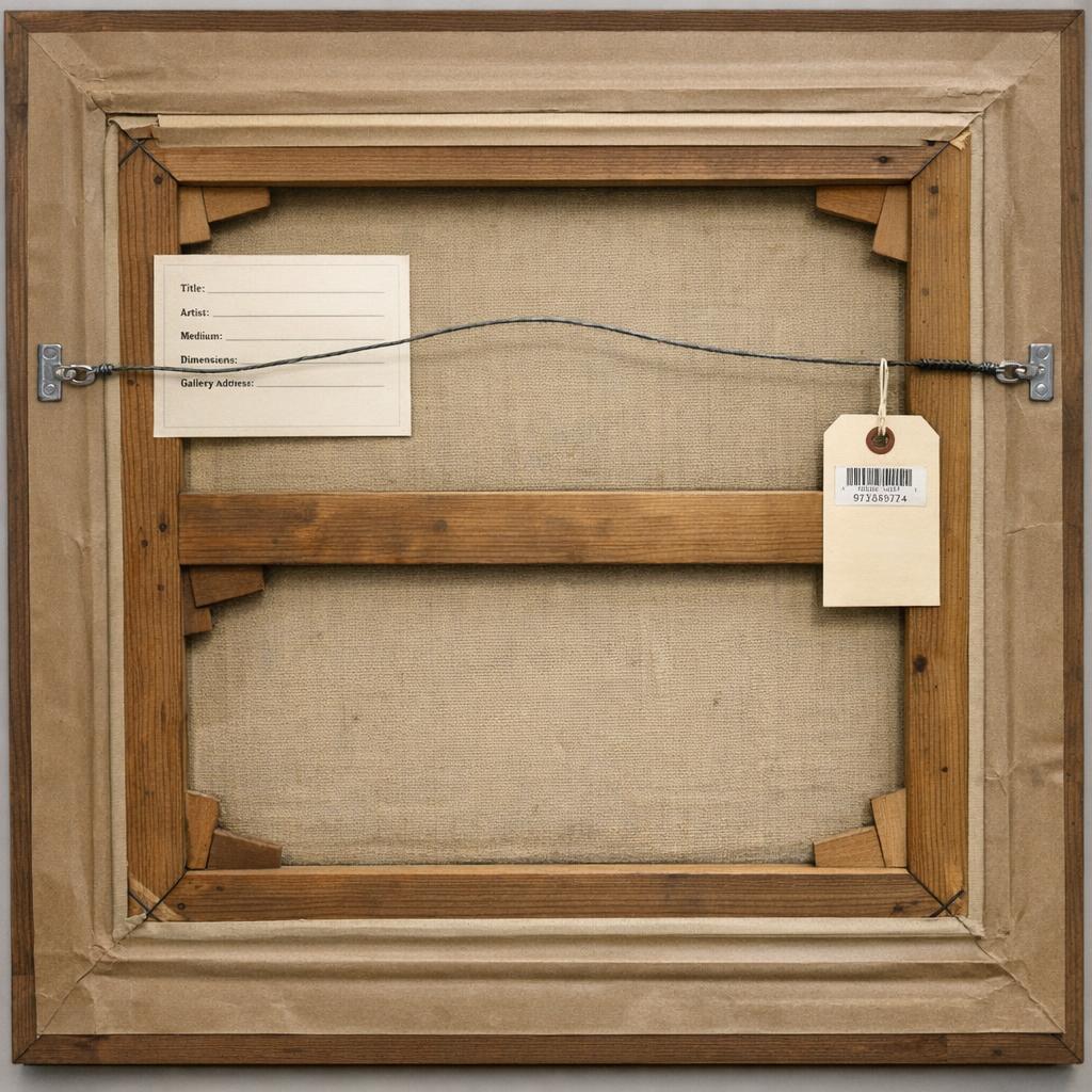 Back of a painting showing labels and stretcher bars