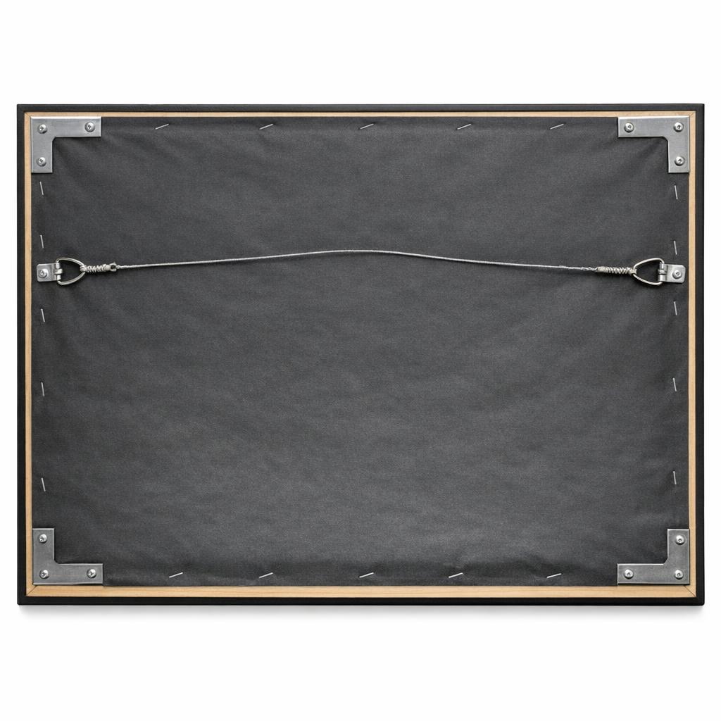 Back of a frame showing hanging hardware and dust cover