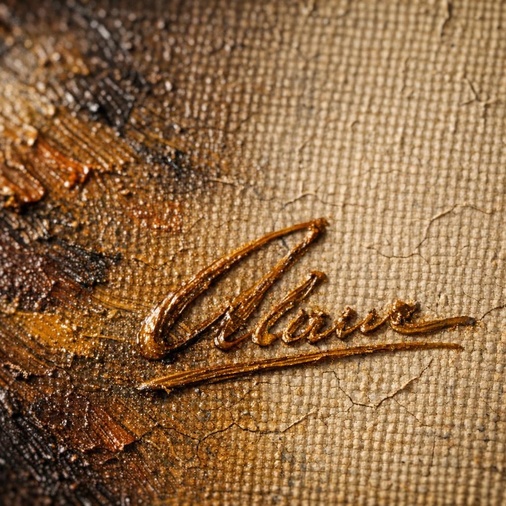 Macro photo of an artist signature on an oil painting
