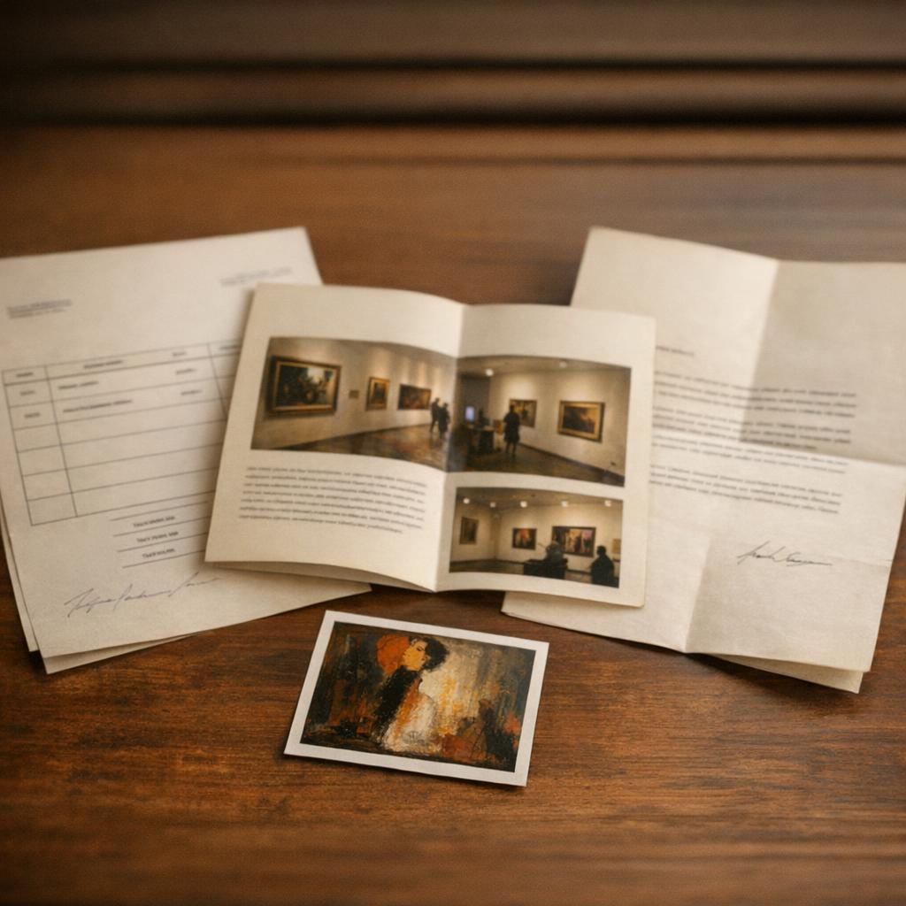 Provenance documents laid out on a table (invoice, letter, brochure)