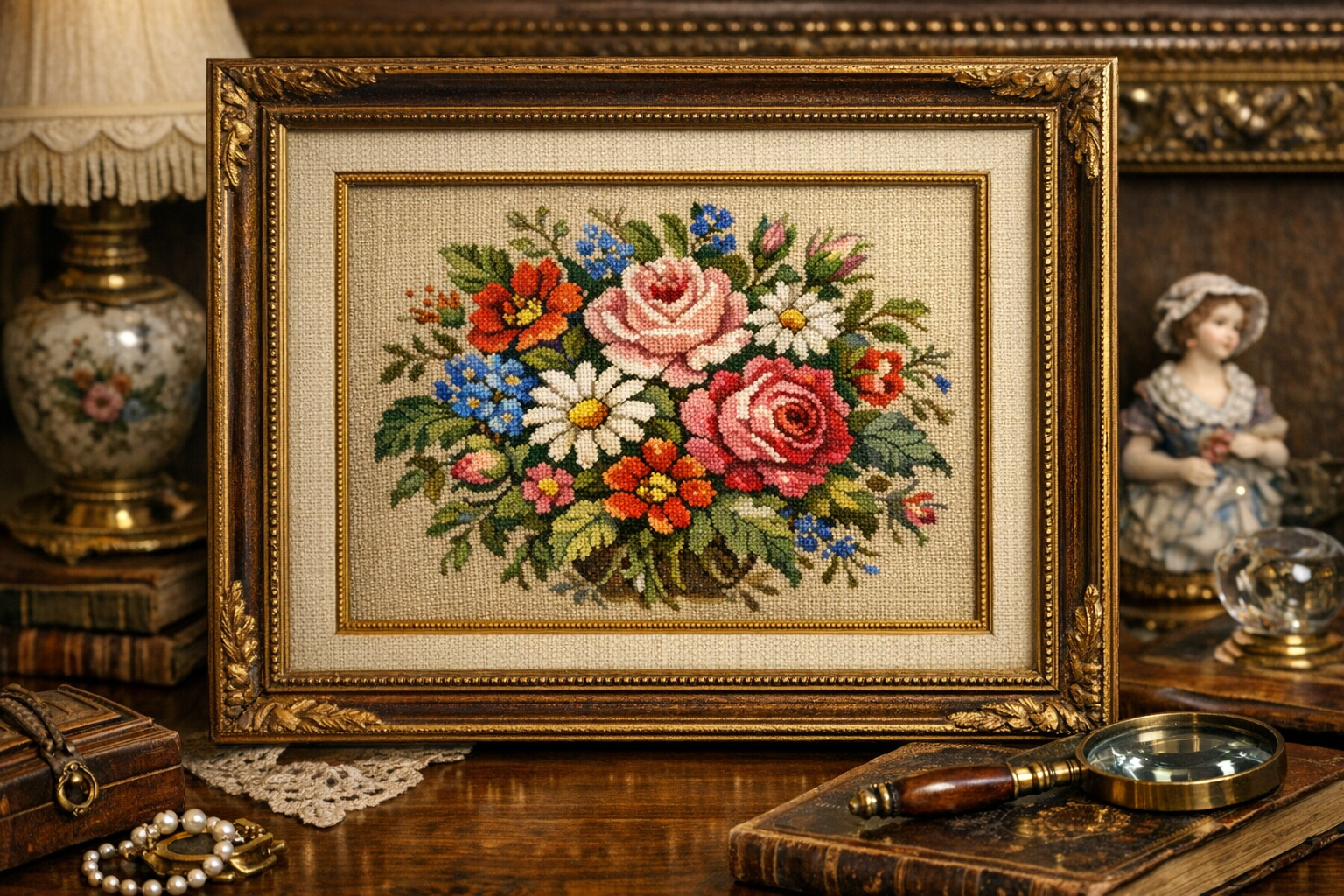 Generated reference image for documenting framed vintage needlepoint artwork, stitch quality, condition, and labels